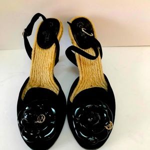 COPY - Chanel wedge pumps suede with patent Camellia flower and cc logo 39.5